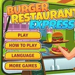 Ilustrácia s čašníčkou držiacou tácku s hamburgerom a nápojmi, obklopenou farebným menu s tlačidlami Play, How to Play, Language a More Games