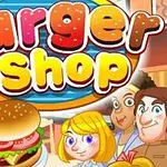Kreslený obrázok s nápisom Burger Shop s postavami kuchára a zákazníkov, doplnený ilustráciou hamburgeru