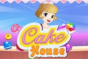 Kreslená postava s blond vlasmi drží podnos s dezertmi na pozadí s farebnými neónovými svetlami a veľkým nápisom Cake House