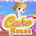 Kreslená postava s blond vlasmi drží podnos s dezertmi na pozadí s farebnými neónovými svetlami a veľkým nápisom Cake House