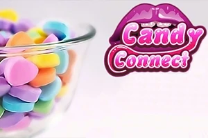 Sklenená miska plná farebných cukríkov s nápisom Candy Connect a grafika znázorňujúca pery