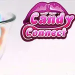 Sklenená miska plná farebných cukríkov s nápisom Candy Connect a grafika znázorňujúca pery