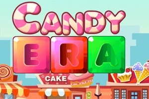 Text CANDY ERA zložený z farebných písmen na pozadí mesta so sladkosťami