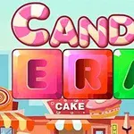 Text CANDY ERA zložený z farebných písmen na pozadí mesta so sladkosťami