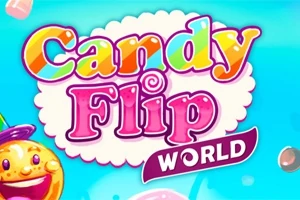 Farebne logo s nápisom Candy Flip World na svetlomodrom pozadí s kreslenými sladkosťami