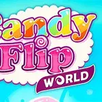 Farebne logo s nápisom Candy Flip World na svetlomodrom pozadí s kreslenými sladkosťami