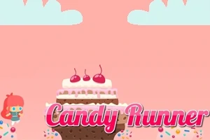 Ružové pozadie s postavičkou, ktorá stojí vedľa veľkej torty ozdobenej čerešňami, a nápisom Candy Runner v popredí