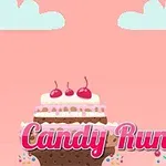 Ružové pozadie s postavičkou, ktorá stojí vedľa veľkej torty ozdobenej čerešňami, a nápisom Candy Runner v popredí