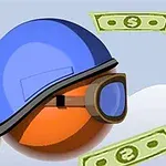 Oranžová guľa s modrou prilbou a okuliarmi letí okolo letiacich dolárových bankoviek s obručou v pozadí