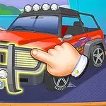 Červené auto s masívnymi čiernymi pneumatikami a rukou, ktorá ukazuje na prednú časť vozidla