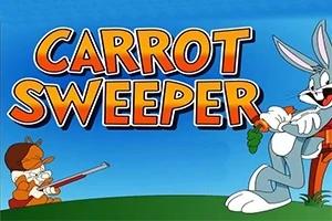 Kreslený zajac drží obrovskú mrkvu pred postavičkou s puškou, na modrom pozadí s nápisom Carrot Sweeper
