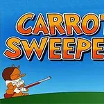 Kreslený zajac drží obrovskú mrkvu pred postavičkou s puškou, na modrom pozadí s nápisom Carrot Sweeper