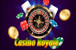 Ruletové koleso obklopené hracími kartami, žetónmi, kockami a zlatými mincami na fialovom pozadí s nápisom Casino Royale