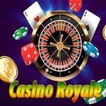 Ruletové koleso obklopené hracími kartami, žetónmi, kockami a zlatými mincami na fialovom pozadí s nápisom Casino Royale