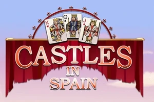 Karty kráľa, kráľovnej a dolníka nad nápisom Castles in Spain na červenom pozadí