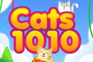 Farebný nápis Cats 1010 na modrom pozadí s dvoma usmiatymi mačkami