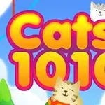 Farebný nápis Cats 1010 na modrom pozadí s dvoma usmiatymi mačkami