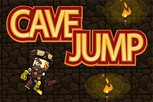 Karikatúrny postavička v prilbe a okuliare skáče pred nápisom Cave Jump na pozadí jaskynných stien s fakľami