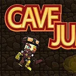 Karikatúrny postavička v prilbe a okuliare skáče pred nápisom Cave Jump na pozadí jaskynných stien s fakľami