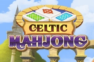 Nadpis Celtic Mahjong s keltskými vzormi na dlaždiciach na pozadí krajiny s hradom