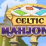 Nadpis Celtic Mahjong s keltskými vzormi na dlaždiciach na pozadí krajiny s hradom