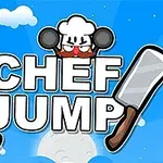 Ilustrácia s nápisom Chef Jump na modrom pozadí s oblakmi, veľký šéfkuchár so zlostným výrazom a dvoma veľkými nožmi