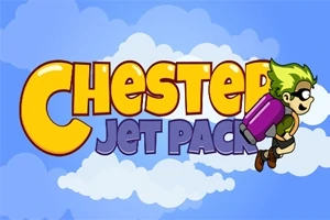 Ilustrácia so žltým nápisom Chester a fialovým Jet Pack na modrom pozadí s oblakmi, vedľa kresleného chlapca s jetpackom