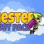 Ilustrácia so žltým nápisom Chester a fialovým Jet Pack na modrom pozadí s oblakmi, vedľa kresleného chlapca s jetpackom