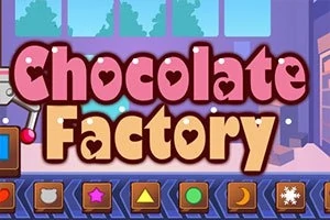 Farebný nápis Chocolate Factory s ozdobnými písmenami na pozadí továrne s oknami a ikonami rôznych tvarov v dolnej časti