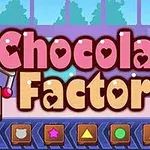 Farebný nápis Chocolate Factory s ozdobnými písmenami na pozadí továrne s oknami a ikonami rôznych tvarov v dolnej časti