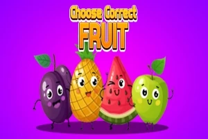 Štyri animované ovocné postavičky vrátane slivky, ananásu, melóna a jablka na fialovom pozadí s nápisom Choose Correct Fruit