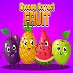 Štyri animované ovocné postavičky vrátane slivky, ananásu, melóna a jablka na fialovom pozadí s nápisom Choose Correct Fruit