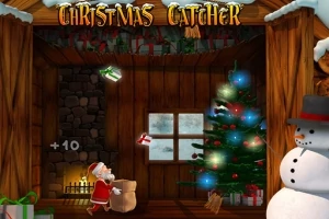 Vianočný motív s interiérom drevenej chaty, kde Santa Claus chytá darčeky, vedľa ozdobeného stromčeka a snehuliaka