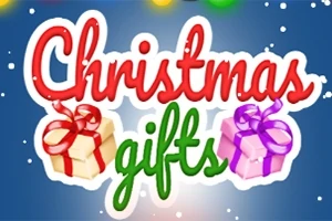 Farebne nápisy Christmas gifts s obrázkami dvoch darčekov, jednému zabalenému v červenom a druhému v fialovom papieri, na modrom pozadí so snehovými vločkami