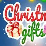 Farebne nápisy Christmas gifts s obrázkami dvoch darčekov, jednému zabalenému v červenom a druhému v fialovom papieri, na modrom pozadí so snehovými vločkami