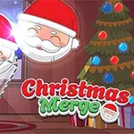 Santa Claus postavičky s vianočným stromčekom v pozadí, farebnými guličkami a nápisom Christmas Merge