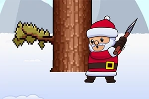Postava v červenom oblečení Santa Klausa stojí pri strome s dreveným pozadím a zasneženou krajinou, držiac sekeru