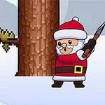 Postava v červenom oblečení Santa Klausa stojí pri strome s dreveným pozadím a zasneženou krajinou, držiac sekeru