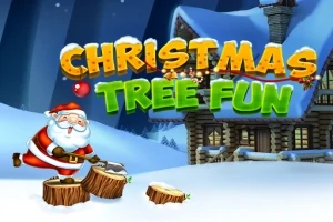 Santa Claus seky drevo pred zasneženou chatou s farebným nápisom CHRISTMAS TREE FUN nad ním