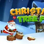 Santa Claus seky drevo pred zasneženou chatou s farebným nápisom CHRISTMAS TREE FUN nad ním