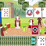 Vianočne tematická scéna s postavami Santa Clausa, ľudí v kostýmoch, darčekov a rozloženými kartami