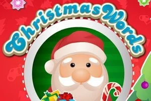 Santa Claus s bielou bradou na červenom pozadí s vianočnými ozdobami a textom Christmas Words