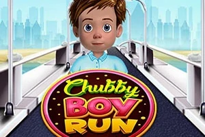 Hlavná postava s hnedými vlasmi a modrou košeľou na bežeckom páse s nápisom Chubby Boy Run pred mestskou panorámou