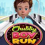 Hlavná postava s hnedými vlasmi a modrou košeľou na bežeckom páse s nápisom Chubby Boy Run pred mestskou panorámou