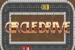 Cesta v tvare elipsy s tromi jazdiacimi autami a veľkým nápisom CIRCLE DRIVE v strede
