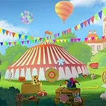 Stánok s cirkusovým stanom, farebnými vlajkami a dekoráciami na festivale, obklopený balónmi a sochou