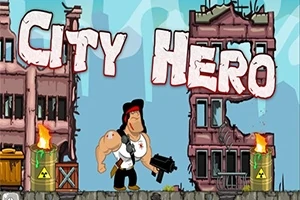 Muž s čelenkou a zbraňou stojí pred zničenou budovou s nápisom City Hero v pozadí