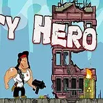 Muž s čelenkou a zbraňou stojí pred zničenou budovou s nápisom City Hero v pozadí
