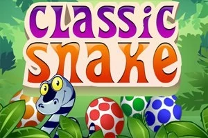 Farebný nápis classic snake na pozadí s kresleným hadom medzi bodkovanými vajíčkami a lístím