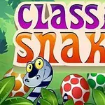 Farebný nápis classic snake na pozadí s kresleným hadom medzi bodkovanými vajíčkami a lístím